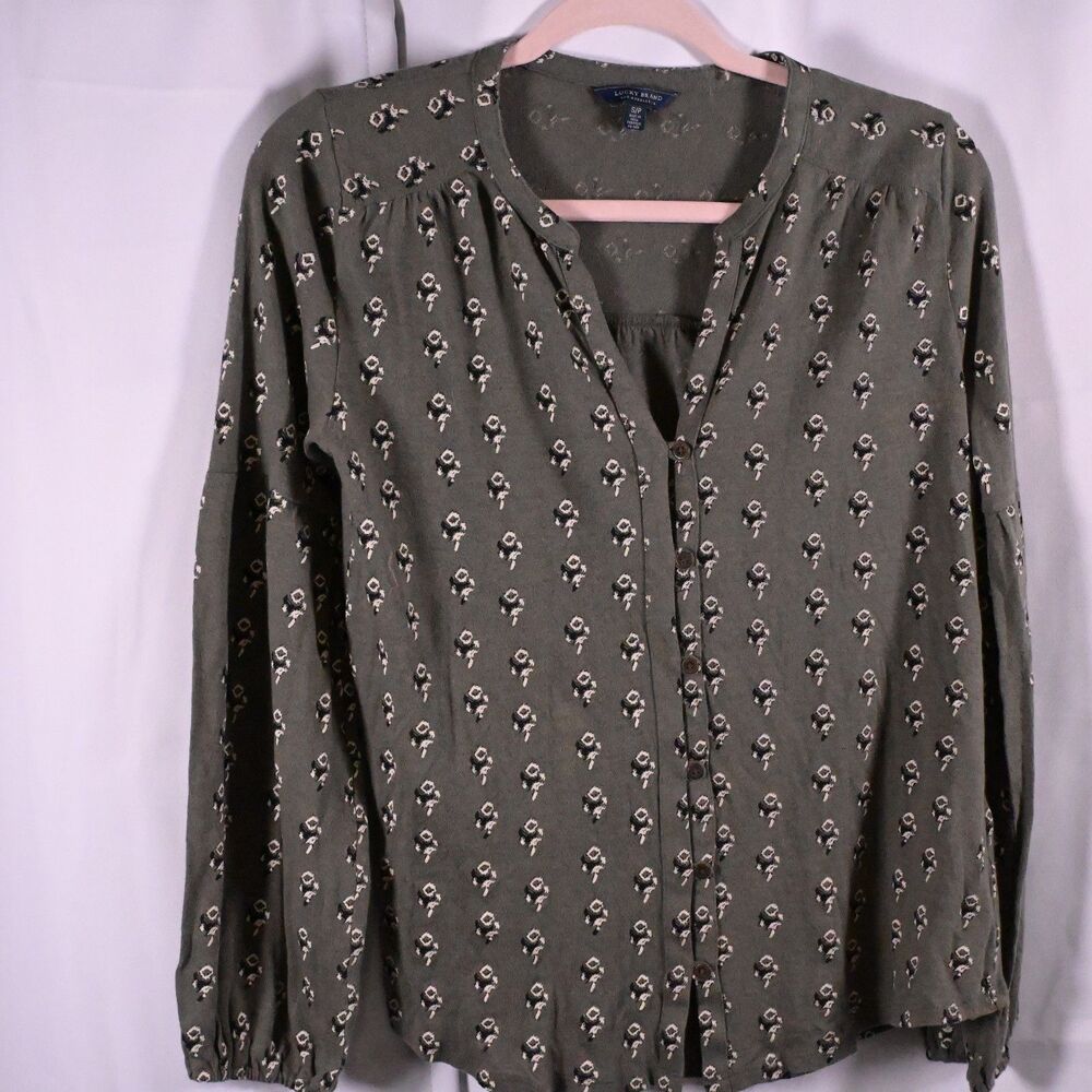 Lucky Brand Women's Small Olive Green V-Neck Button Down Puff Sleeve Top Peasant
